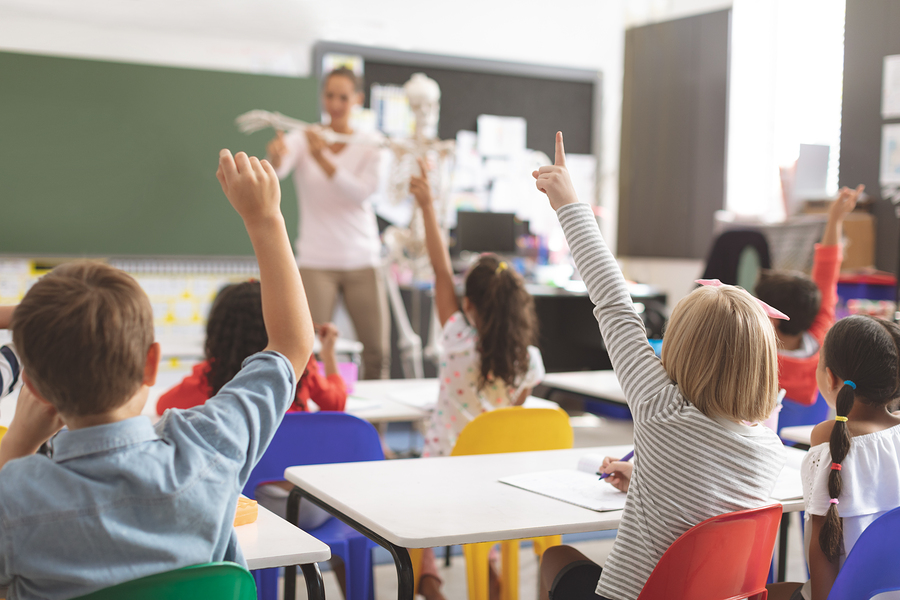 Rear view of kids raising hands while teacher explaining the fun